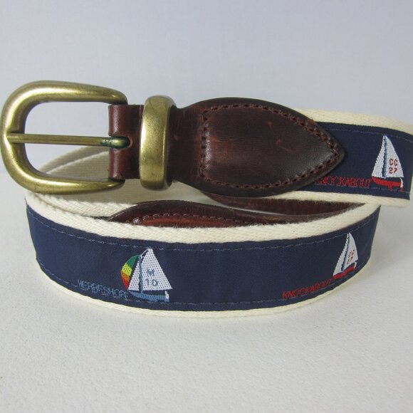 YRI Mens Nautical Sailboat Belt Navy Blue Brown Leather Brass Buckle 34" - 38" - Picture 2 of 7